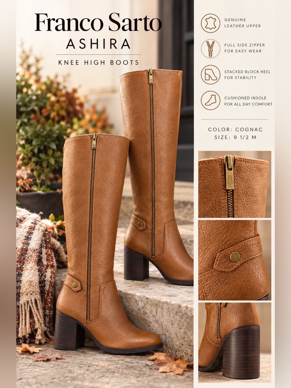 Franco Sarto Ashira Knee-High Heeled Boots Cognac Sz 9.5 M